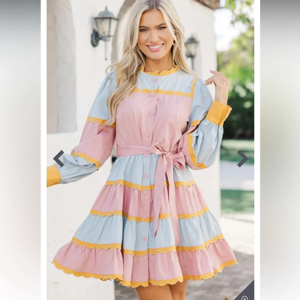 TCEC  Pastel Long Sleeves Ruffle Colorful Mini Dress with Yellow Accents - Picture 14 of 16